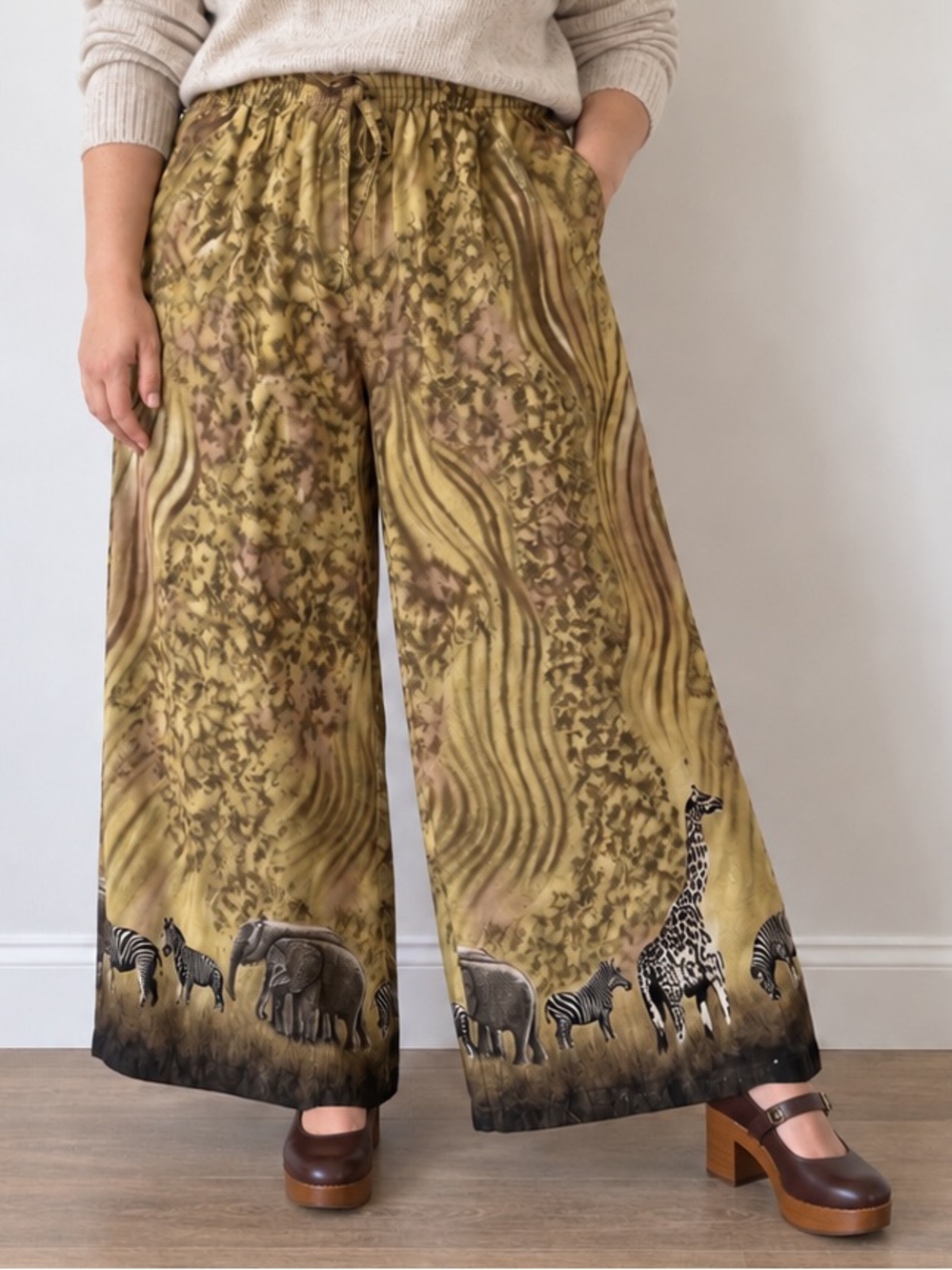 Vintage 90s ALMA Palazzo Pants Safari Animal Zebra Giraffe Wide Leg Rayon XL